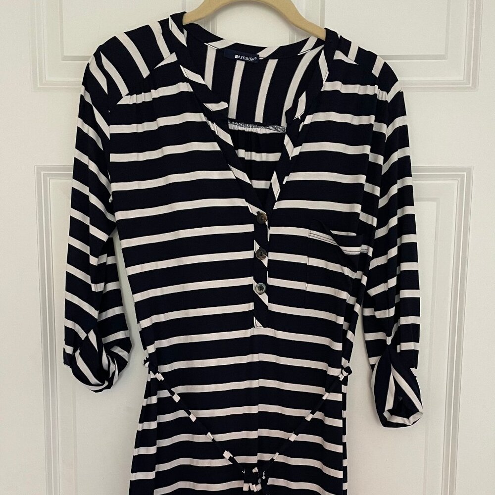 2	LA Made navy striped dress jersey, 3/4 sleeves, tie waste	small	used no damage